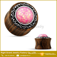 Sythetic rosa opala bronze embutimento orelha de madeira orgânica plugues jóias